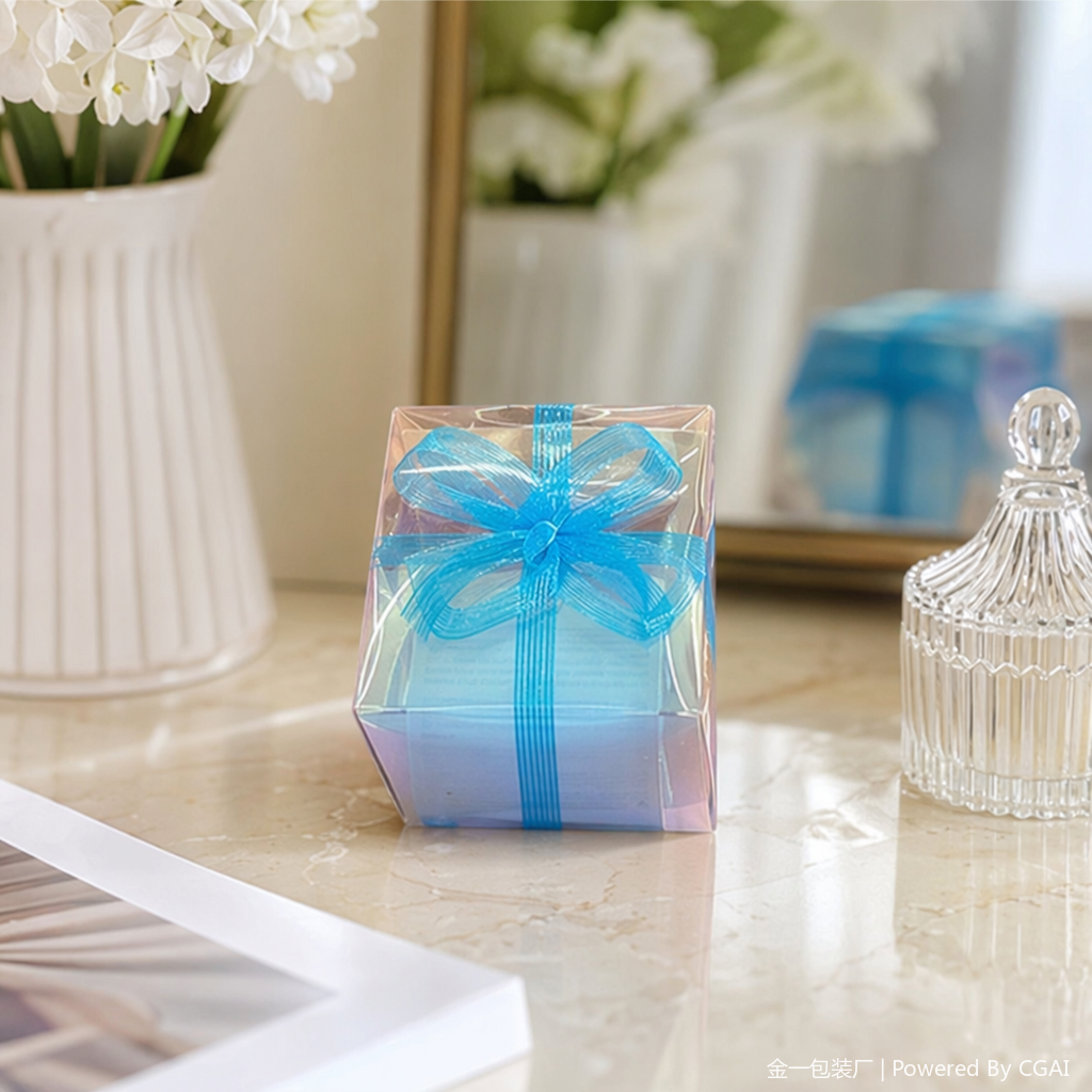 Blue ribbon decorated transparent gift box, souvenir, running lighting items, festival packaging details Picture