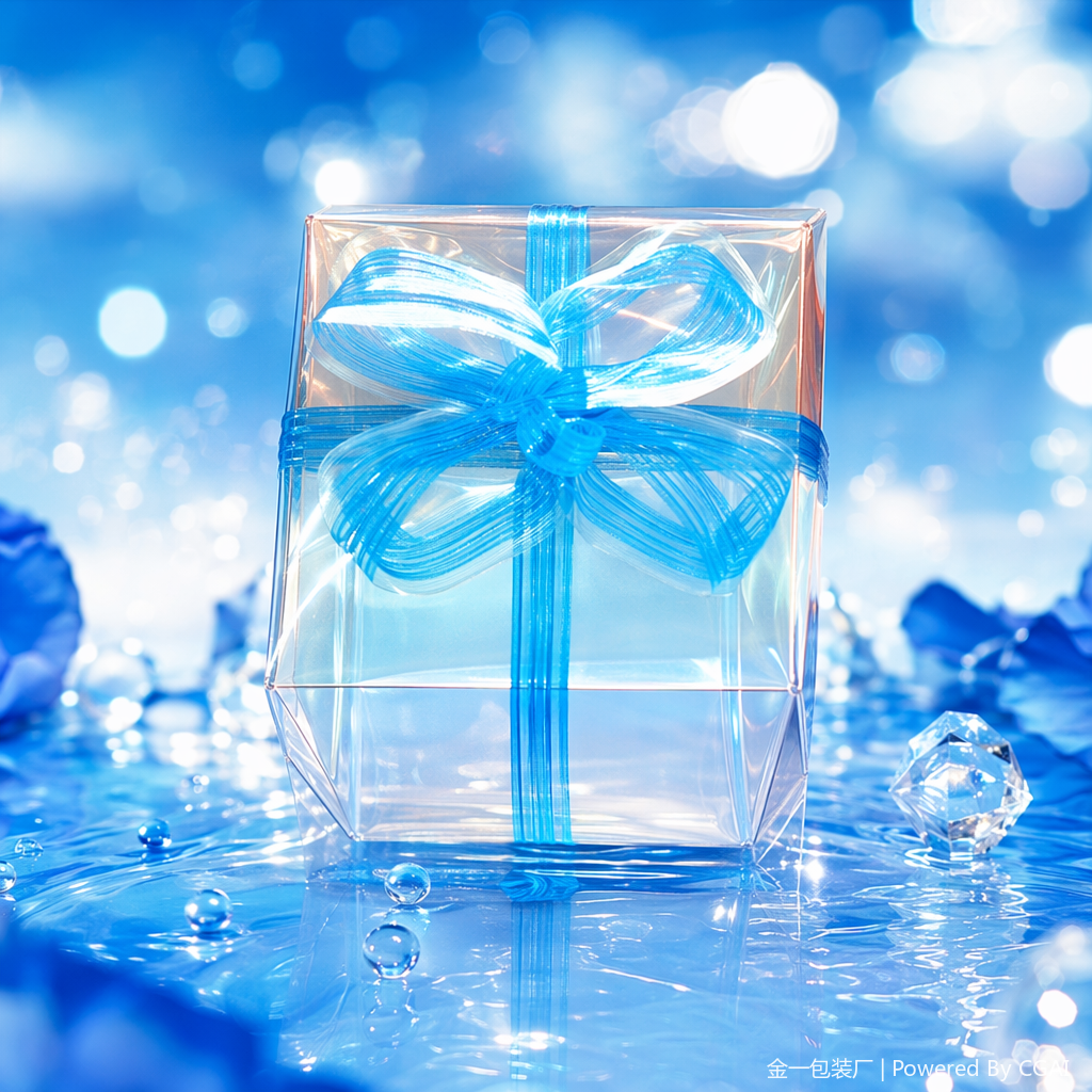 Blue ribbon decorated transparent gift box, souvenir, running lighting items, festival packaging Specification image