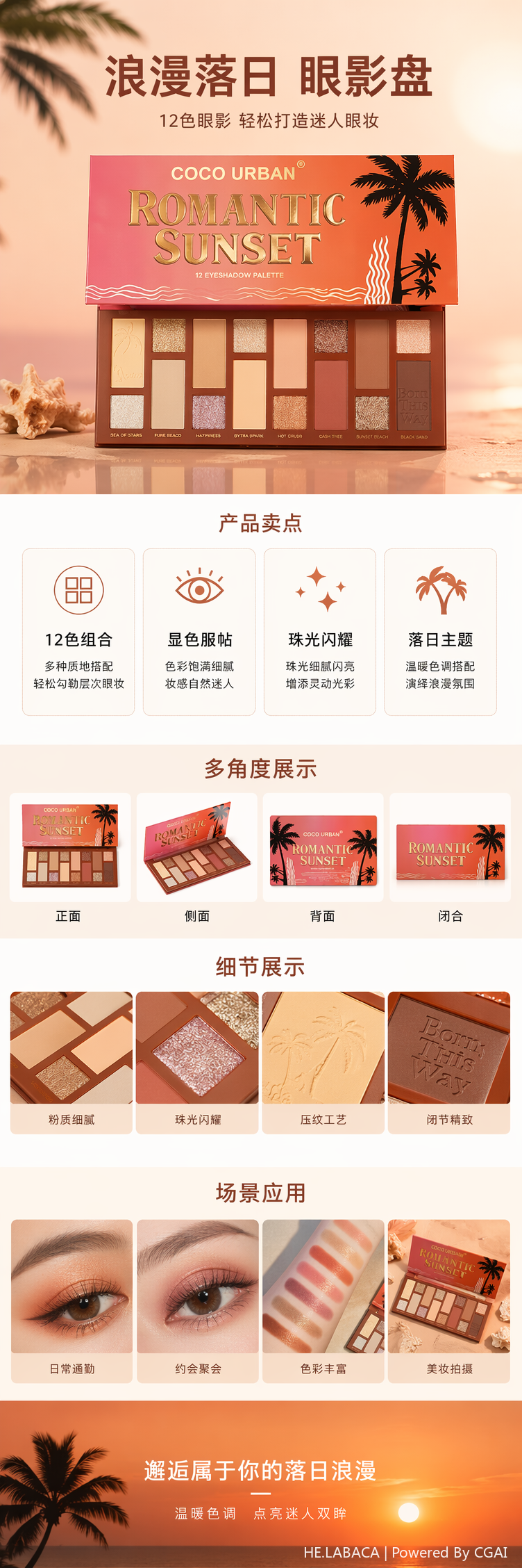 粉色渐变棕榈树剪影金色文字化妆品包装盒面膜软管收纳详情1