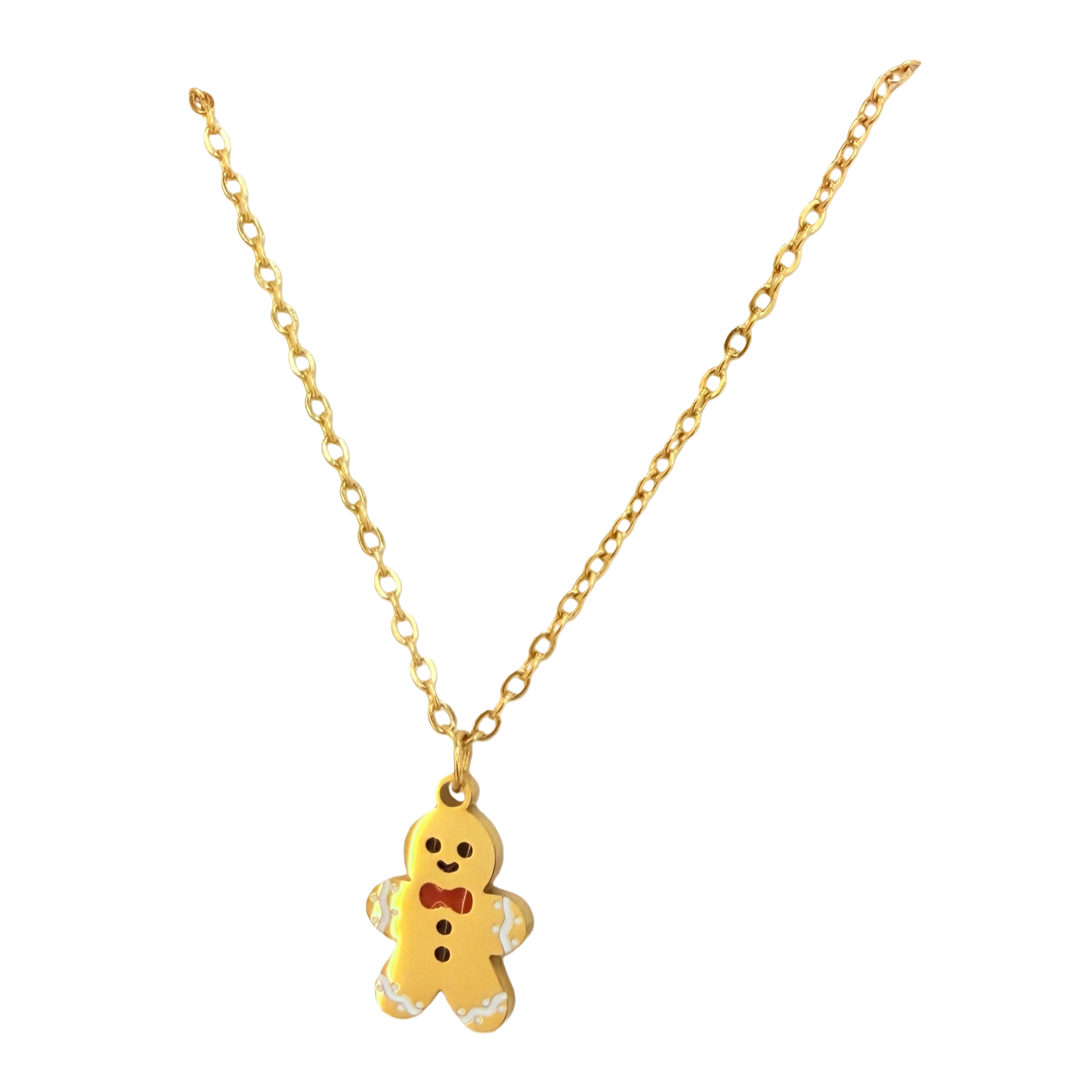 Cartoon gingerbread man oil drip pendant, collarbone chain, red bow tie, contrasting color stainless steel fine chain, Christmas season atmosphere outfit, niche decorative neck accessory Item Picture