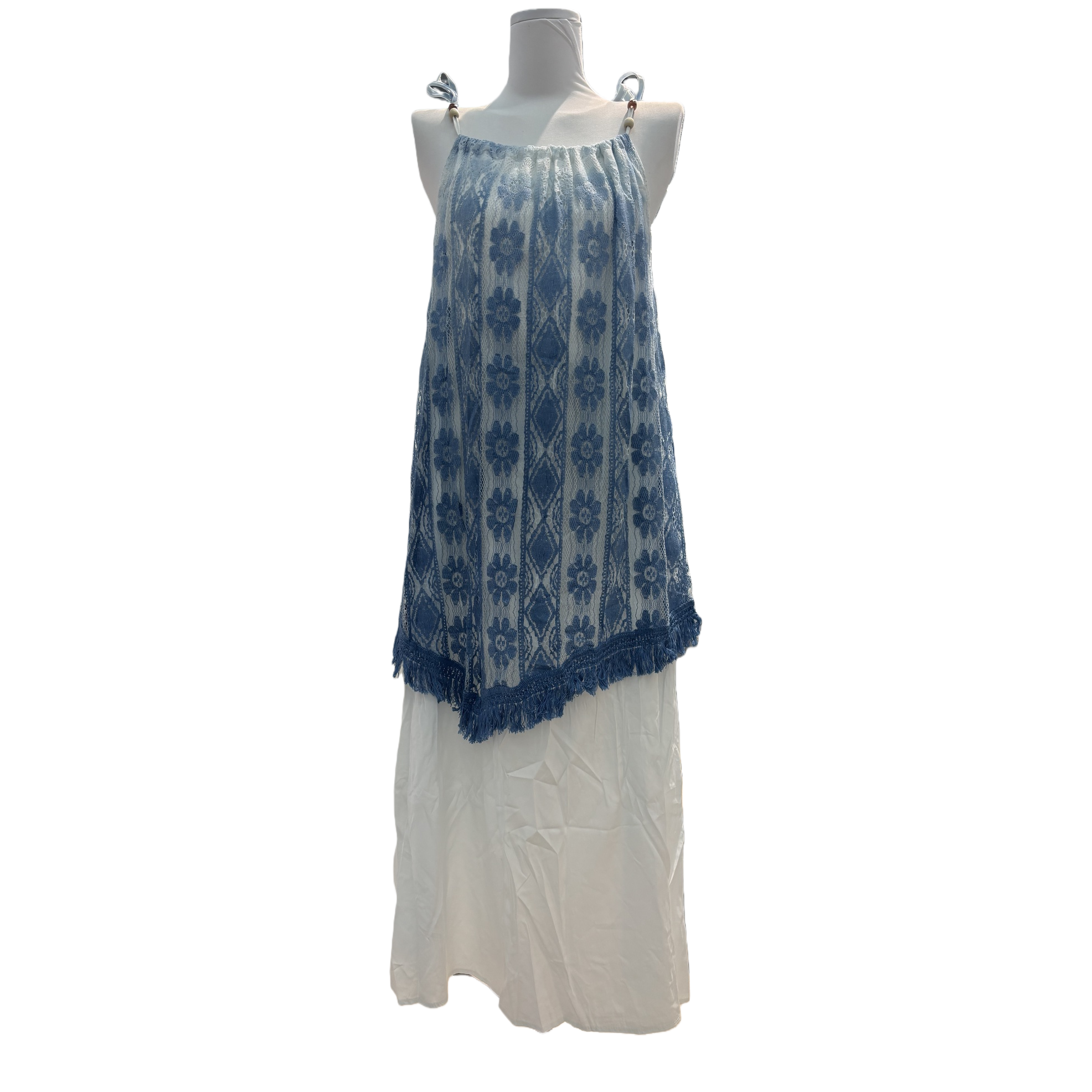 Blue and white floral embroidered chiffon lace dress, an elegant and breathable top for women in summer Item Picture
