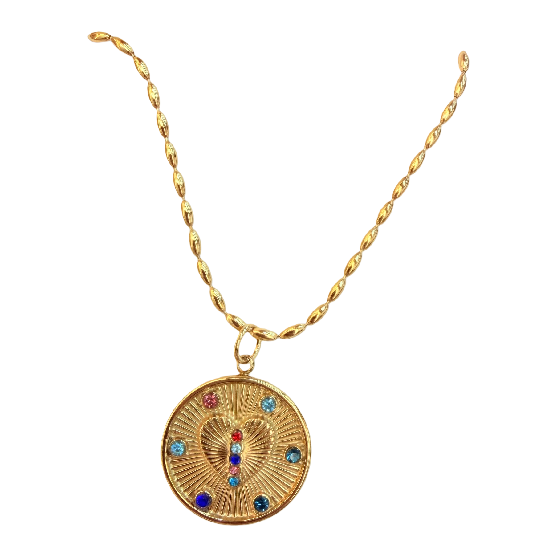 European and American style retro radial pattern colored diamond heart round plate necklace, stainless steel olive chain, multi-color inlaid diamond relief metal neck accessory for commuting ladies Item Picture