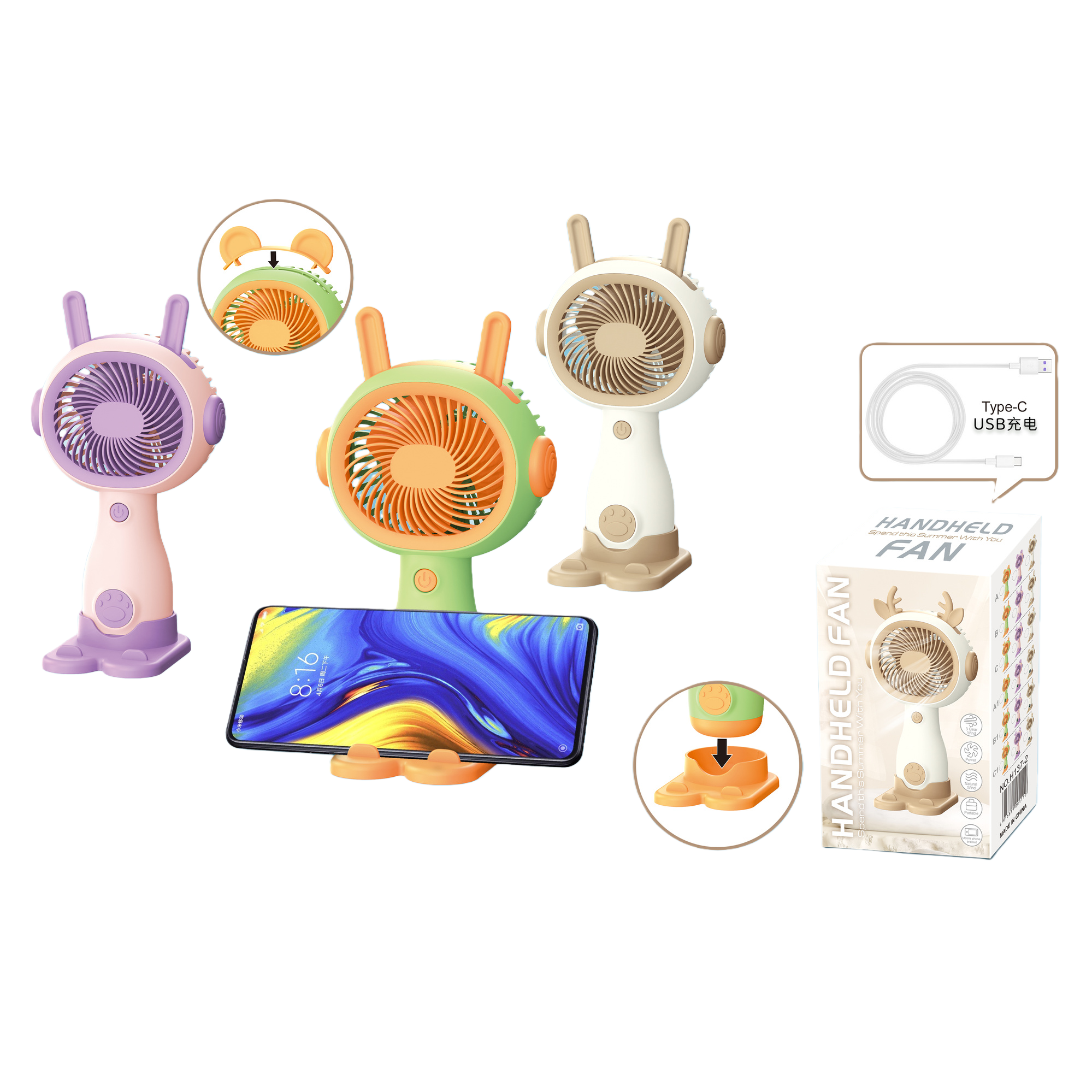Cartoon color handheld mini fan, student portable electric fan Item Picture