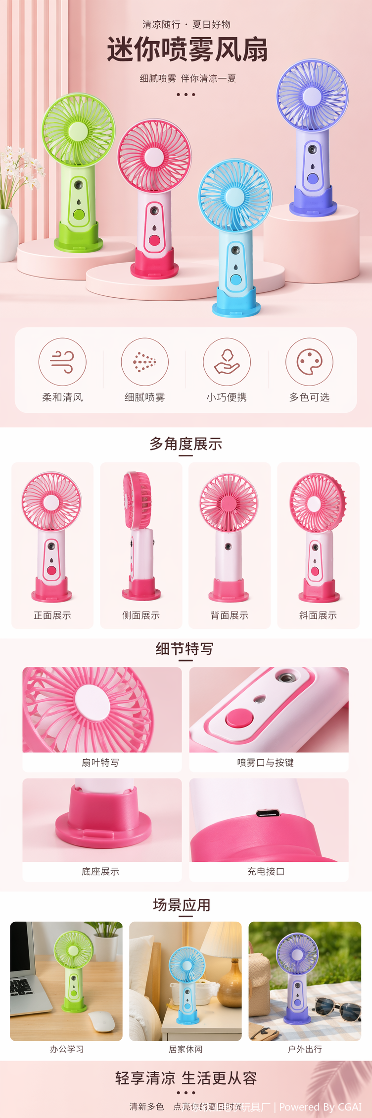 卡通彩色迷你喷雾手持小风扇挂脖便携式迷你风扇 pic 1