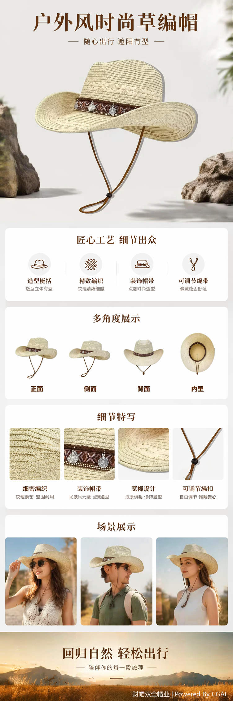 米色草编牛仔帽成人遮阳帽女夏天详情1