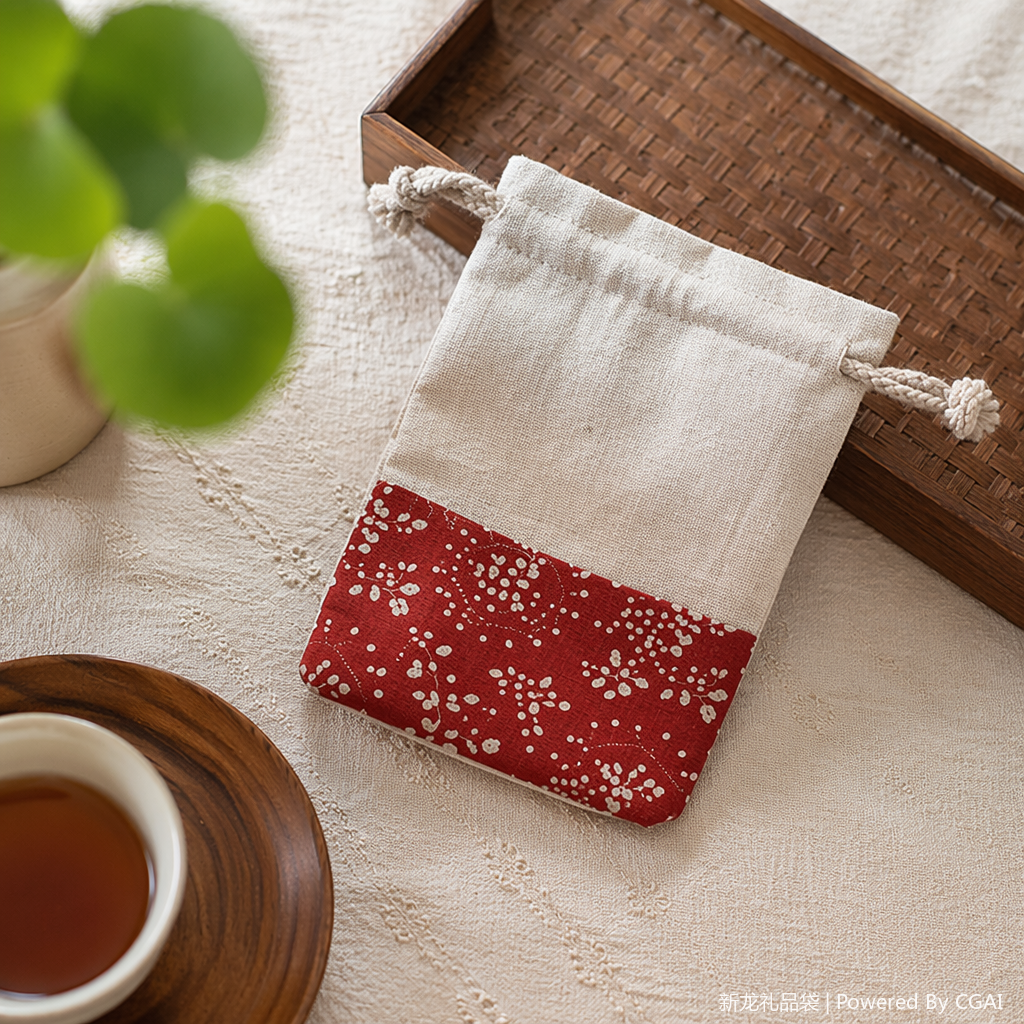 Christmas cotton and linen fabric pocket, cotton rope closure, cotton fabric storage bag details Picture