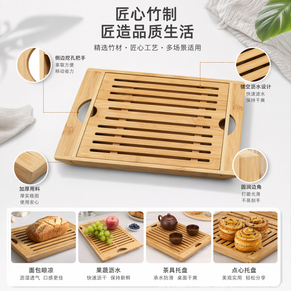 家用竹制托盘长方形斜角托盘餐盘木盘茶托盘