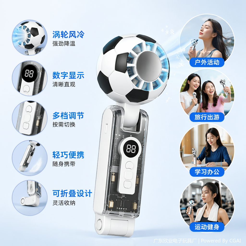 A simple, powerful, ice pack, football-shaped portable handheld small fan, an outdoor cooling wonder