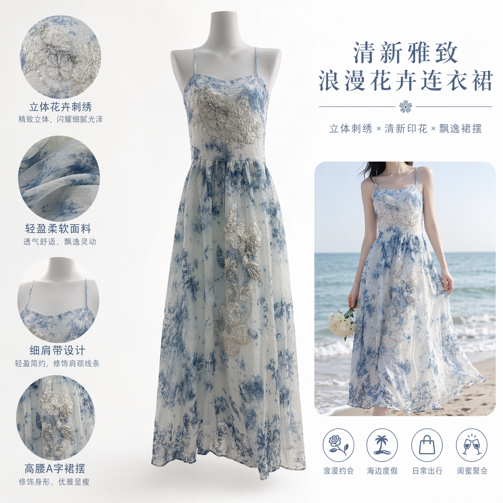 蓝白扎染冰凉丝贮麻连衣裙女装花卉风长裙