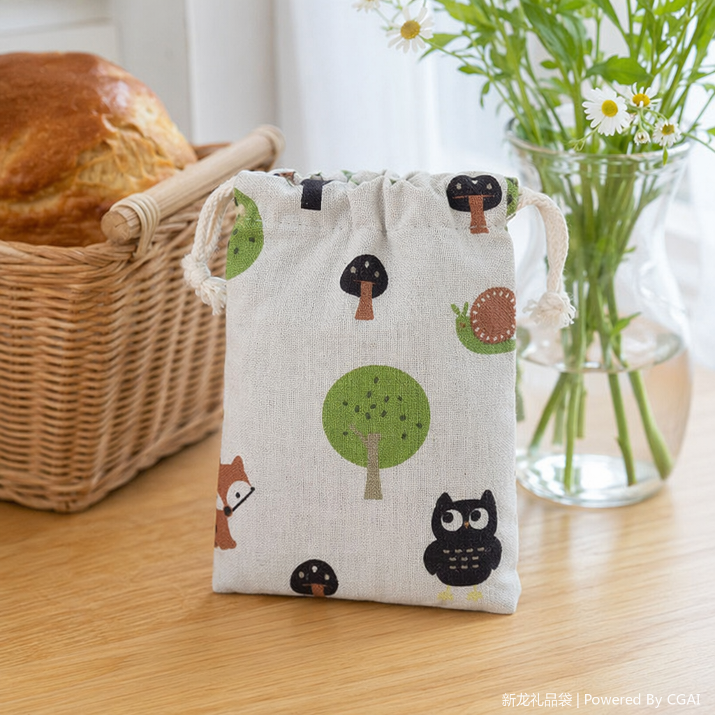 This cotton and linen bag with a cotton rope closure is an eco-friendly storage bag suitable for gift packaging details Picture