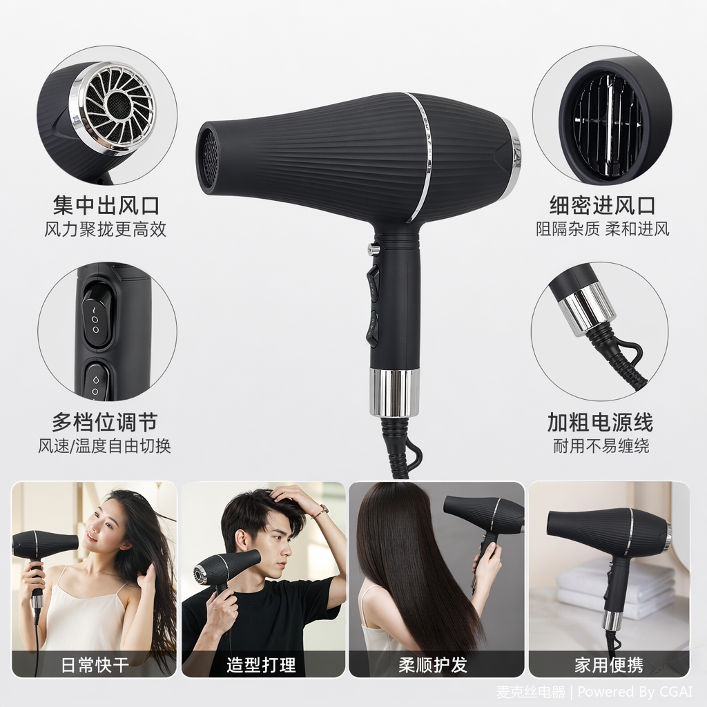 ENERGY MAX黑色电吹风1800W高速吹风机静音家用