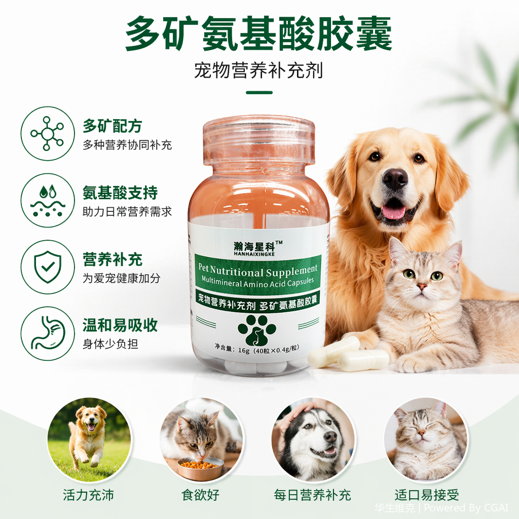 Dog and cat multi-mineral amino acid Capsules prevent pica, improve anemia, poor bone development, maintain skin and hair health, and supplement trace elements