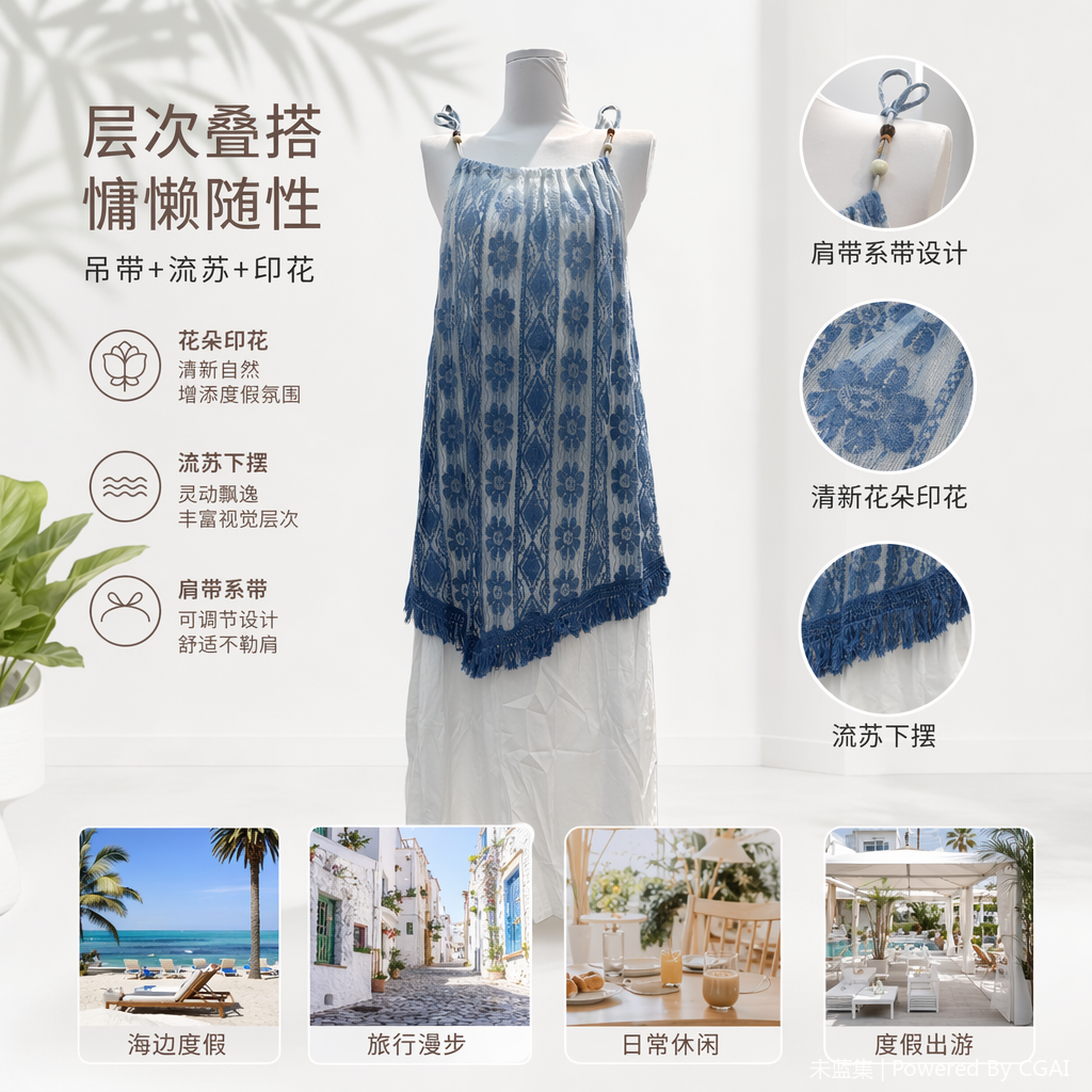 蓝白花卉刺绣雪纺蕾丝连衣裙女夏季优雅透气上衣
