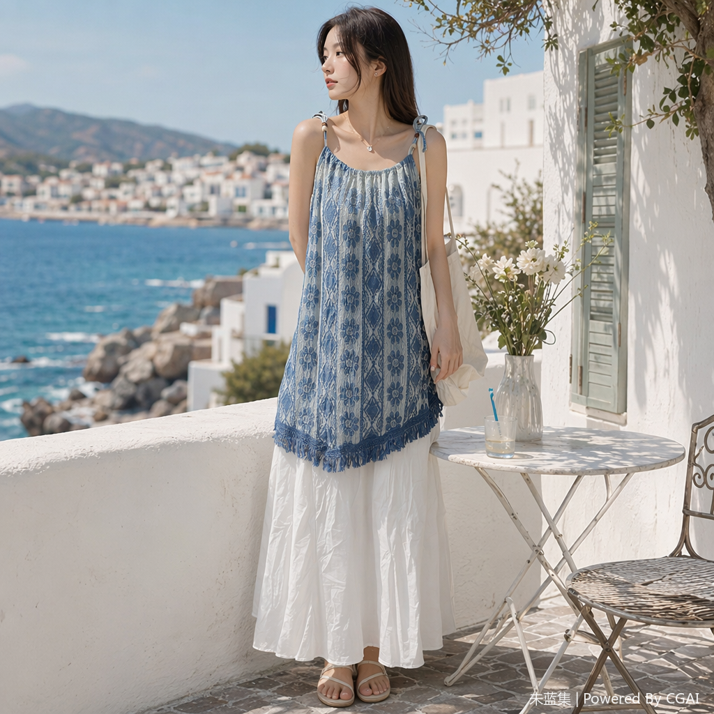 Blue and white floral embroidered chiffon lace dress, an elegant and breathable top for women in summer details Picture