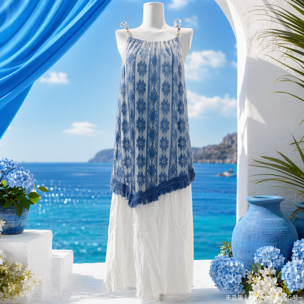 Blue and white floral embroidered chiffon lace dress, an elegant and breathable top for women in summer Specification image