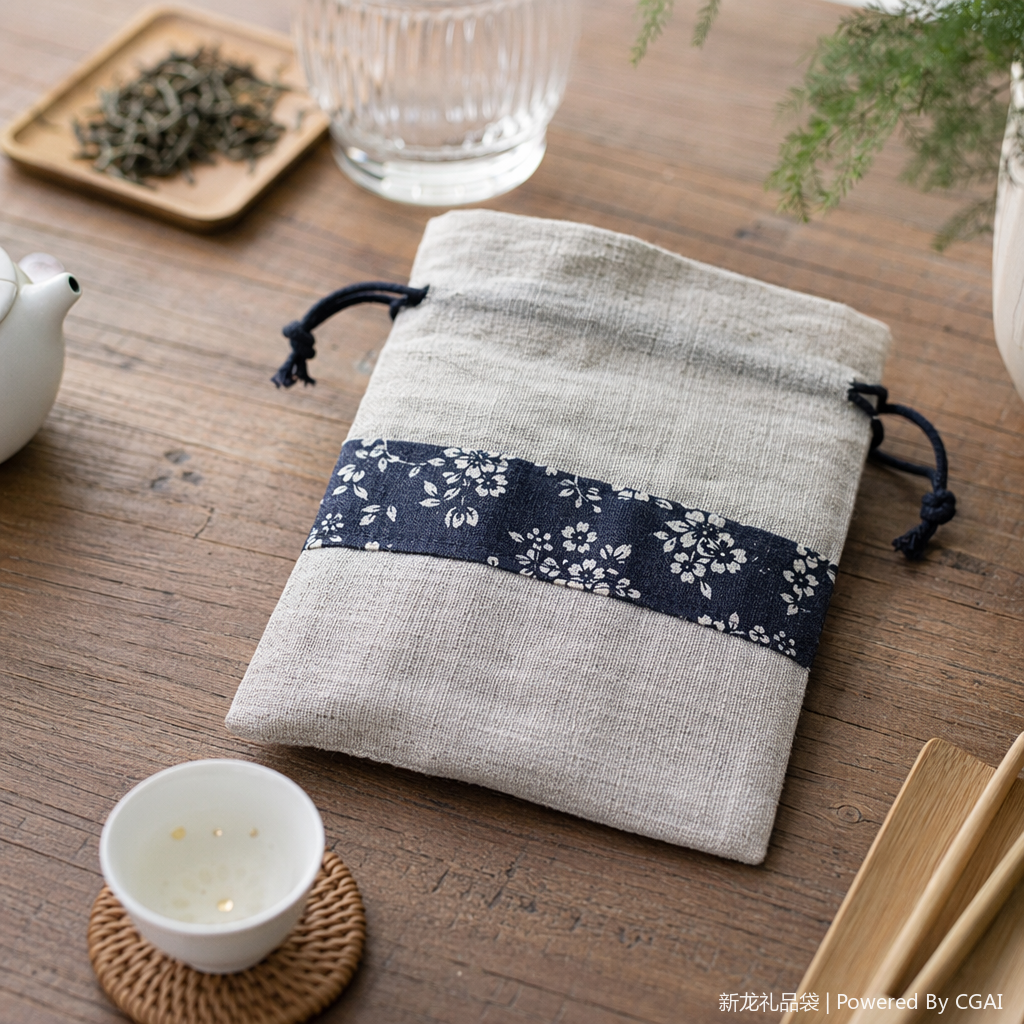 Beige cotton and linen flood control gunny bag with blue and white floral pattern strap, confidential shipping packaging bag details Picture