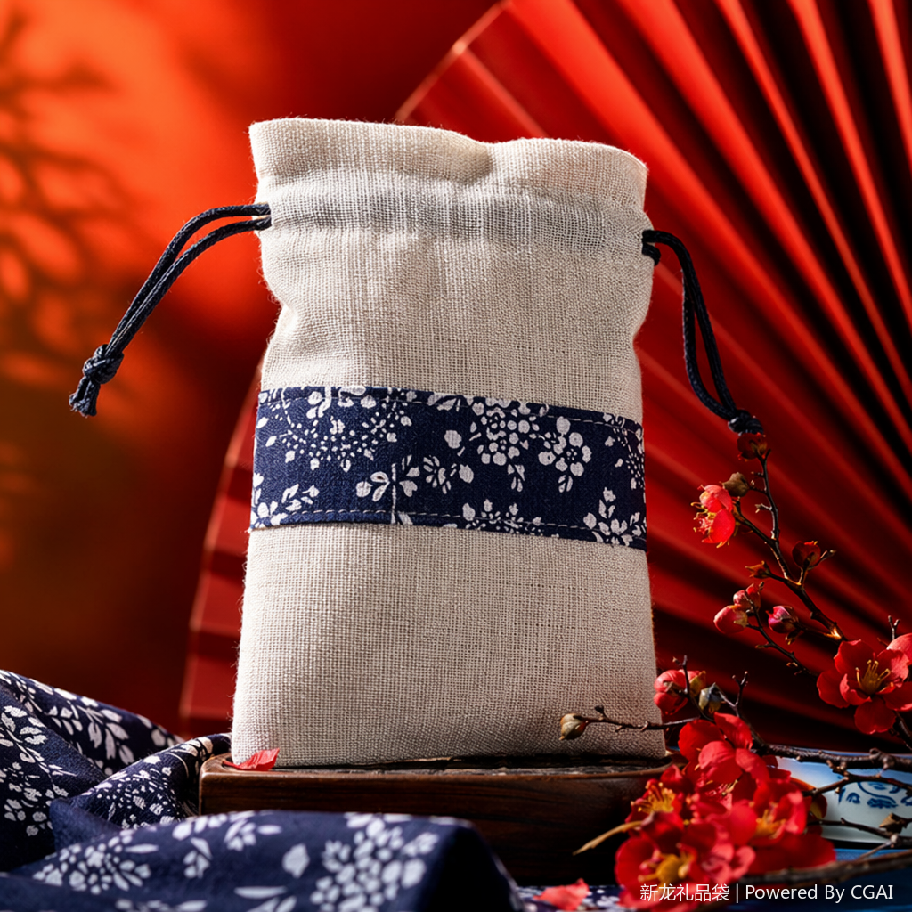 Beige cotton and linen flood control gunny bag with blue and white floral pattern strap, confidential shipping packaging bag Specification image
