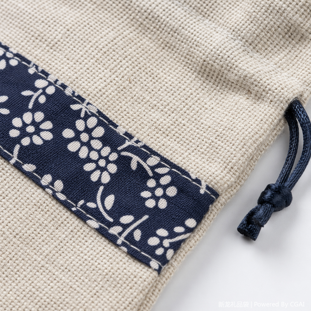 Beige cotton and linen flood control gunny bag with blue and white floral pattern strap, confidential shipping packaging bag Application Scenario