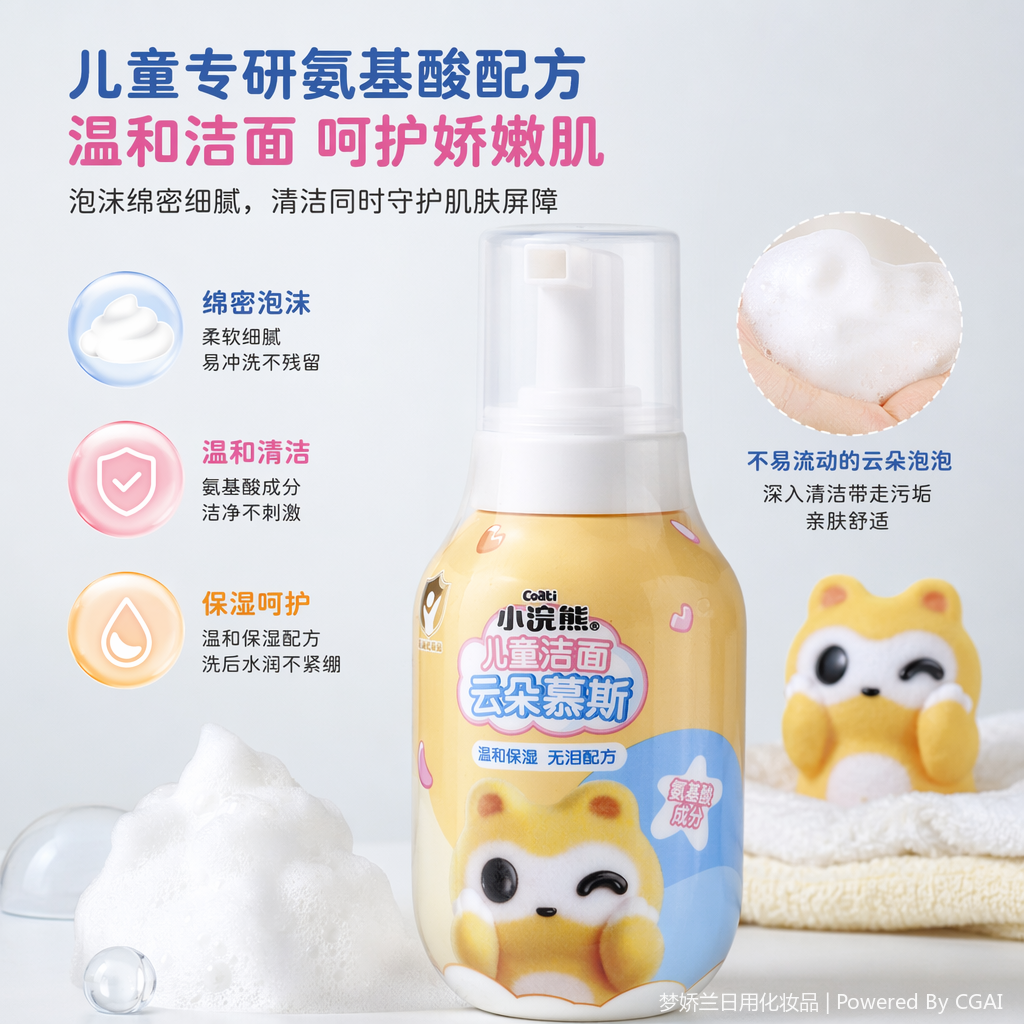 Little Raccoon Cloud Mousse Children's Facial Cleanser Yellow bottle Cartoon Bear Facial Cleansing Mousse