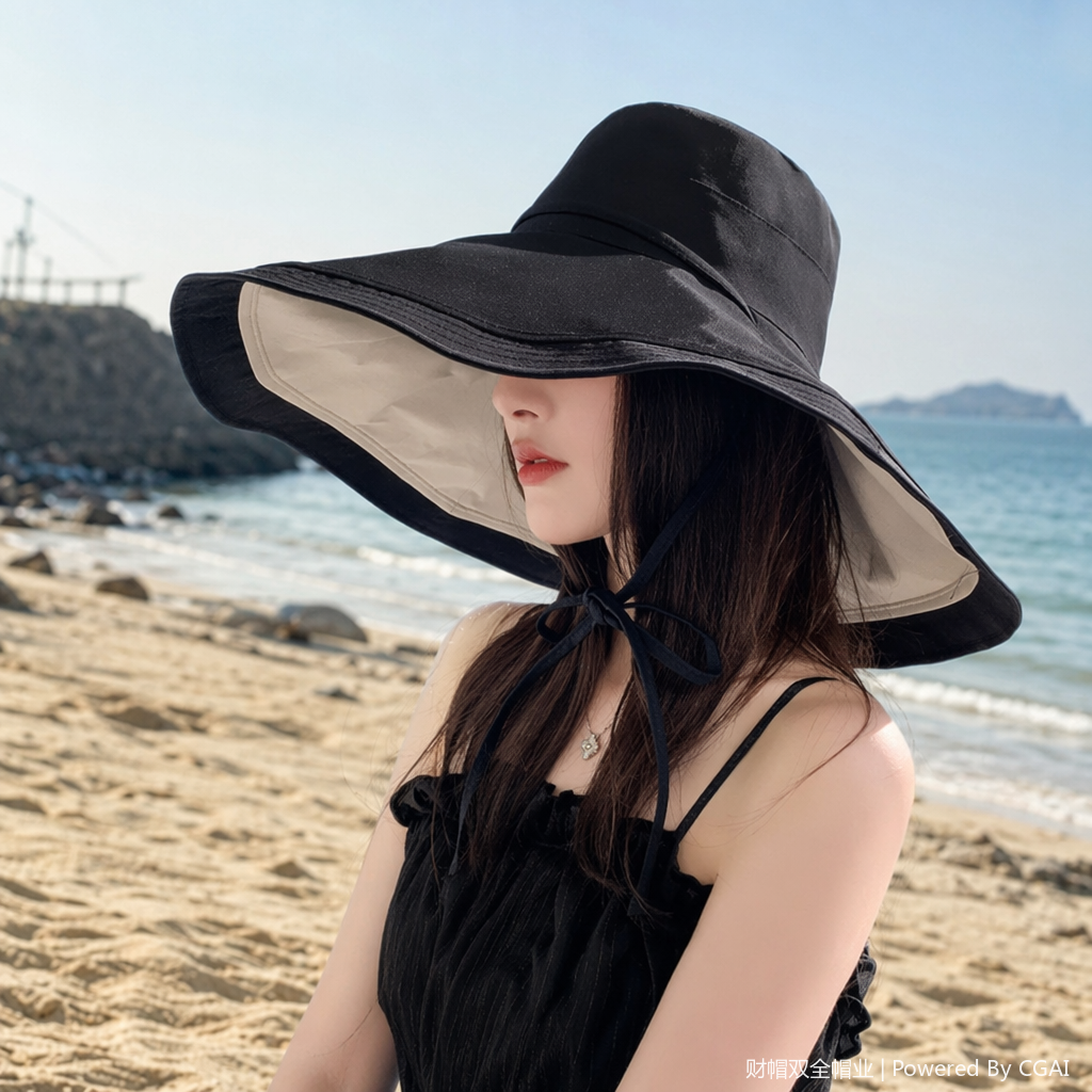 Black wide-brimmed sun hat, adult baseball cap, female summer Korean-style straw hat details Picture