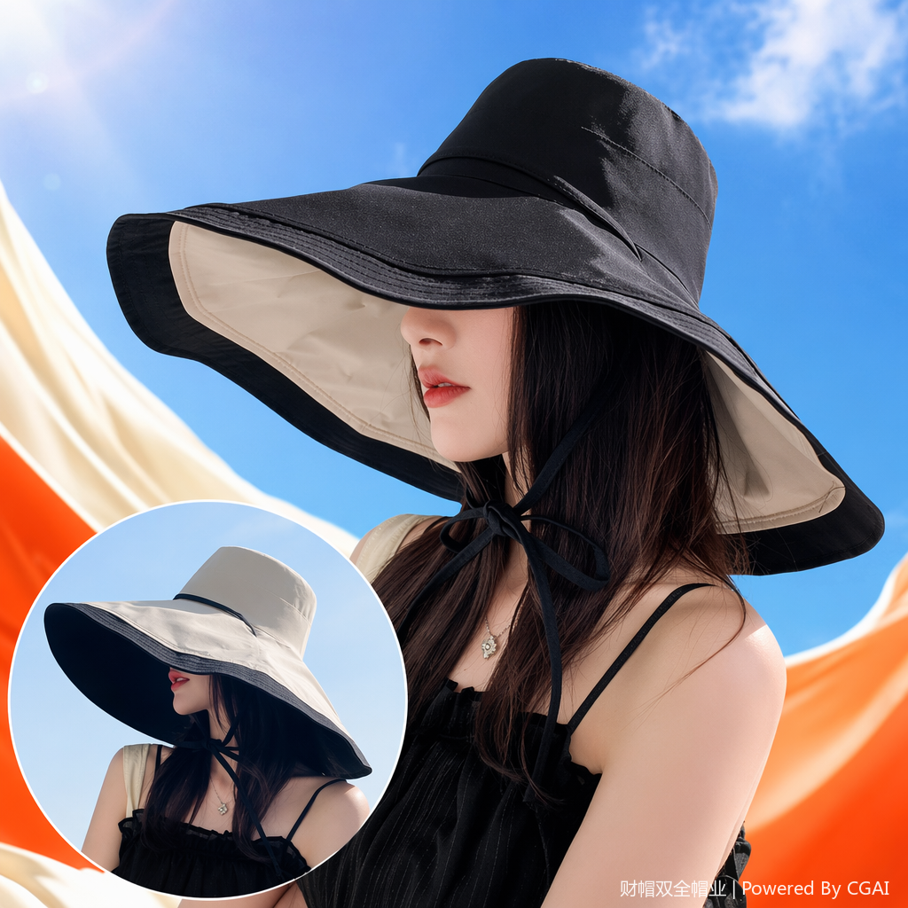 Black wide-brimmed sun hat, adult baseball cap, female summer Korean-style straw hat Specification image