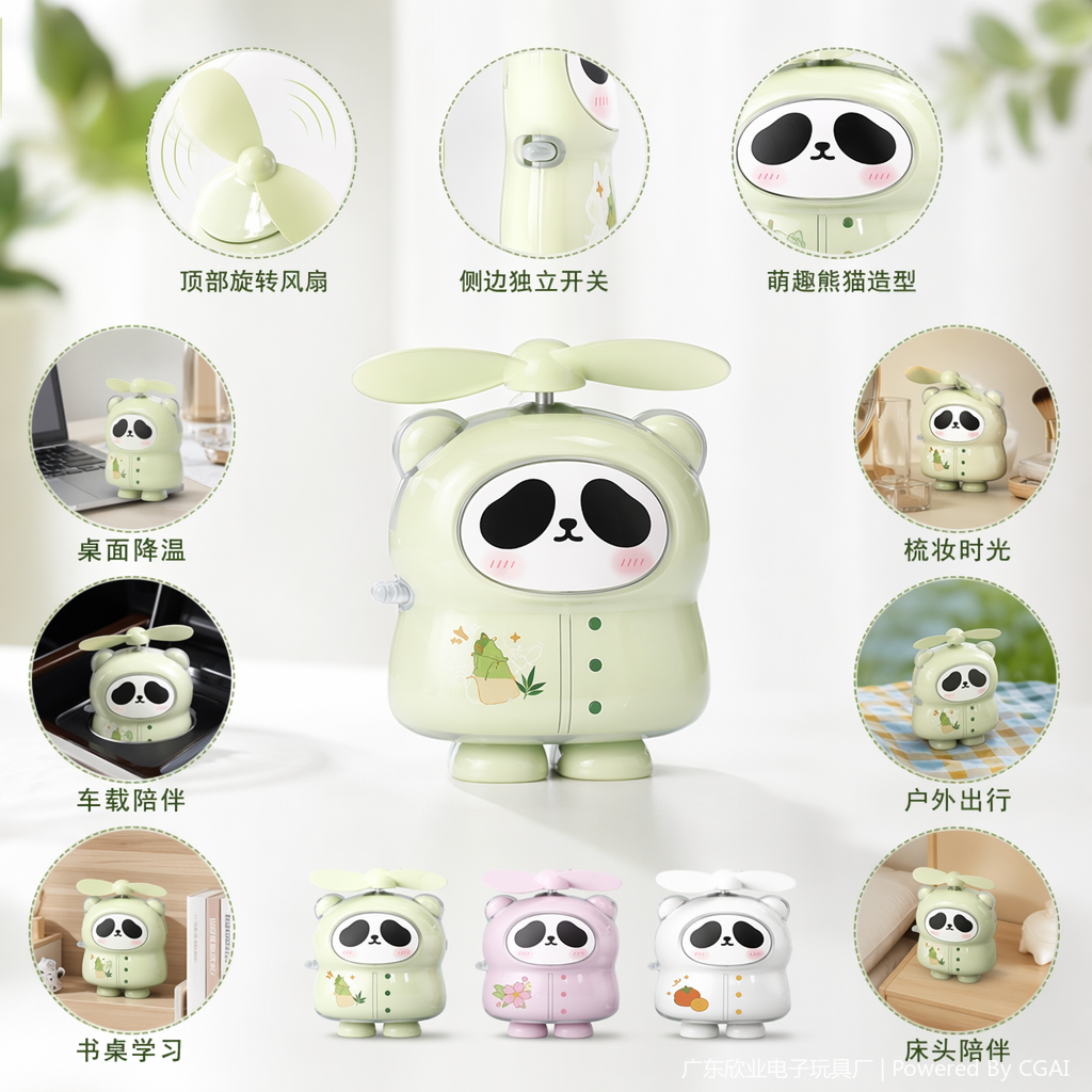 A cute cartoon mini handheld fan in the shape of three pandas for outdoor use