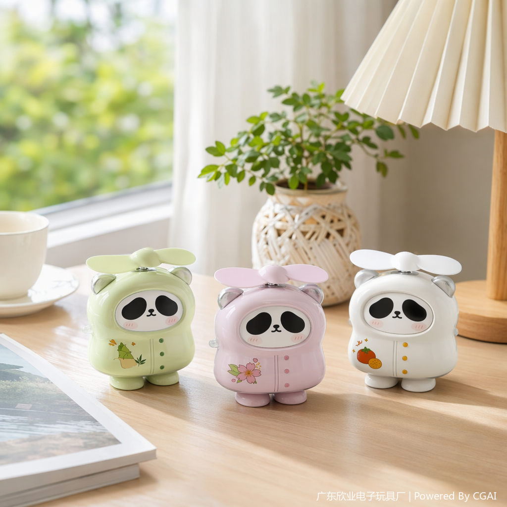 A cute cartoon mini handheld fan in the shape of three pandas for outdoor use details Picture