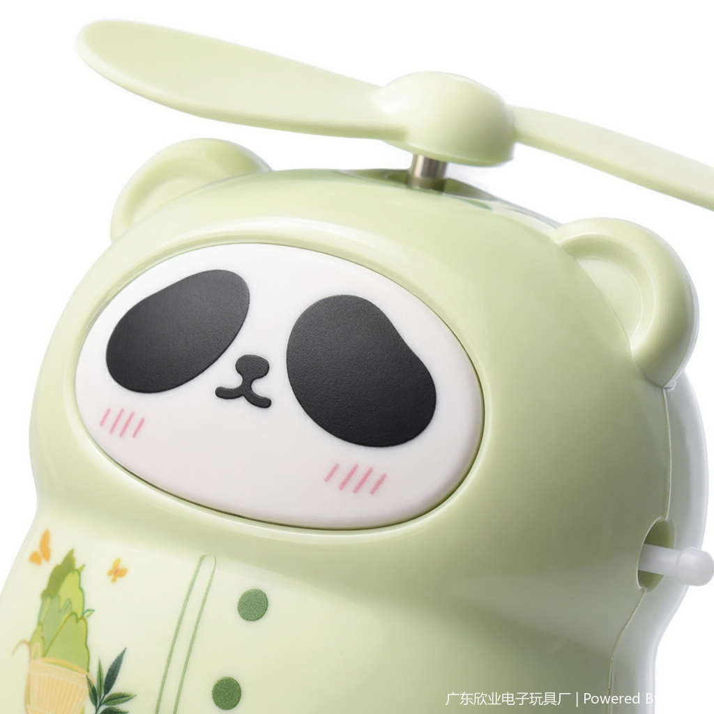 A cute cartoon mini handheld fan in the shape of three pandas for outdoor use Application Scenario