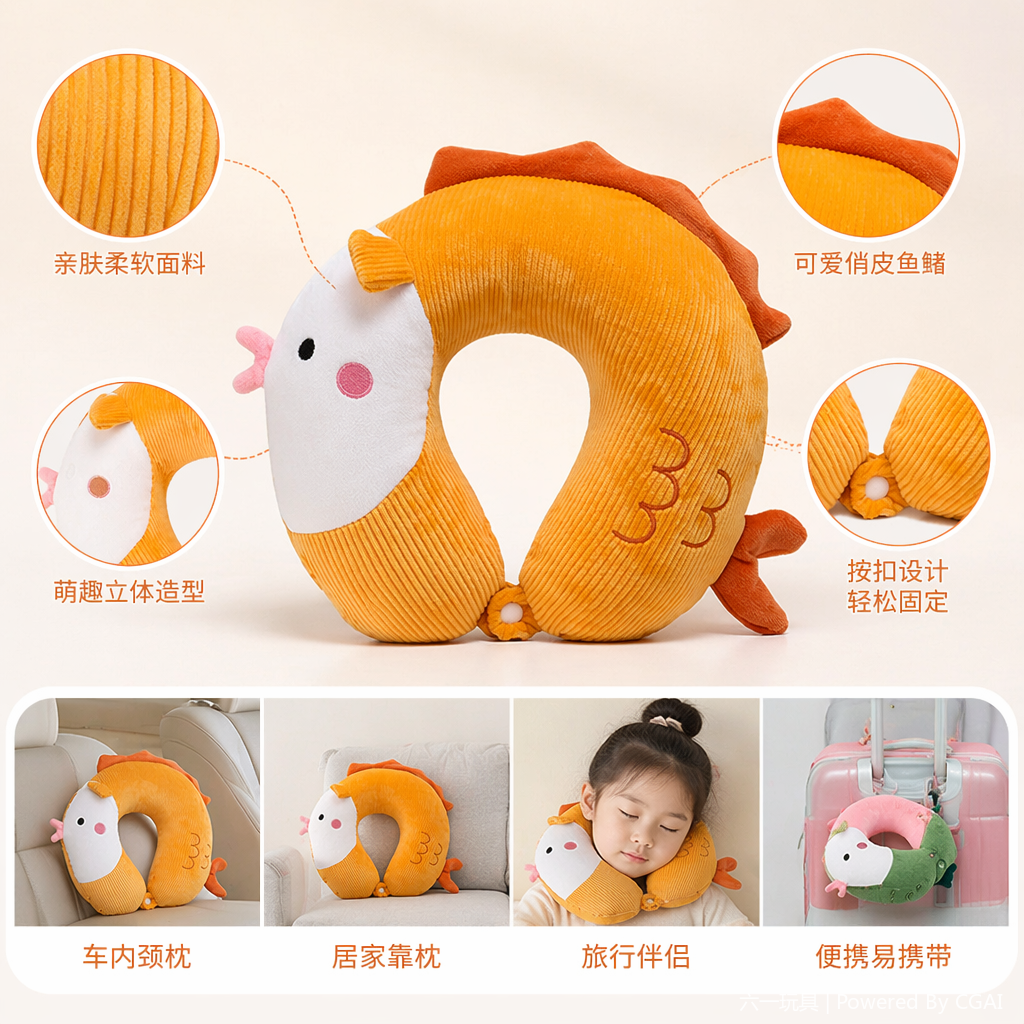 Bobo Fish Cultural and Creative Design Neck Pillow, Cartoon children's Comfortable nap pillow, U-shaped pillow, portable pillow for business trips, Memory foam 1 details Picture