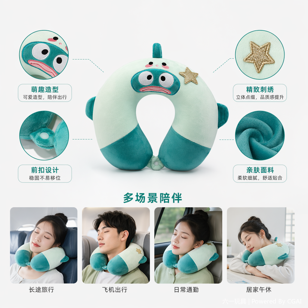 Sanlio anime cartoon neck pillow U-shaped pillow, comfortable and convenient to carry, airplane pillow for travel, nap pillow wholesale, ins summer cool pillow, colorful cartoon-shaped neck pillow, ice silk breathable U-shaped nap pillow Specification image