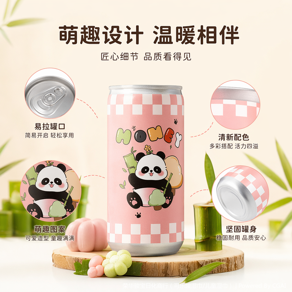 彩色罐装熊猫图案携带湿巾