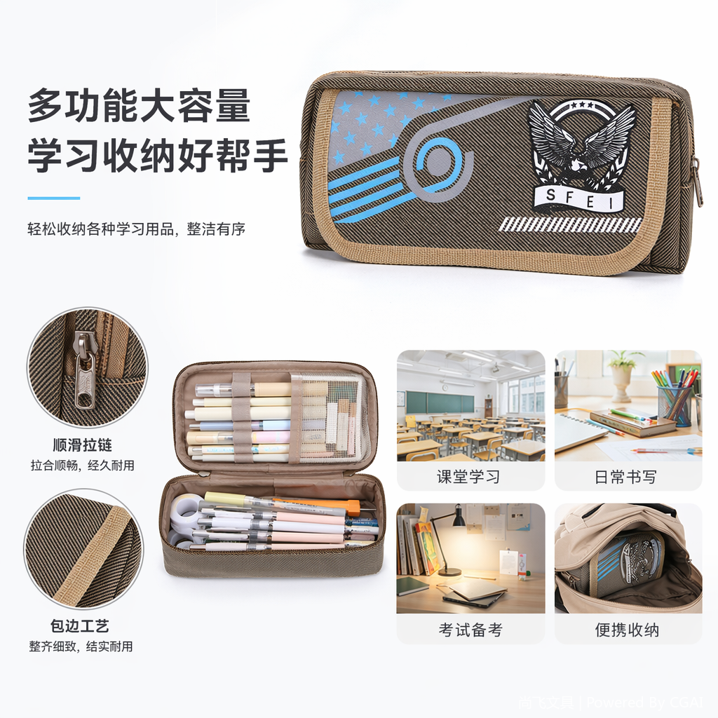 军绿色帆布笔袋 正面星条旗蓝白螺旋鹰徽SFEI文具学生透明防水
