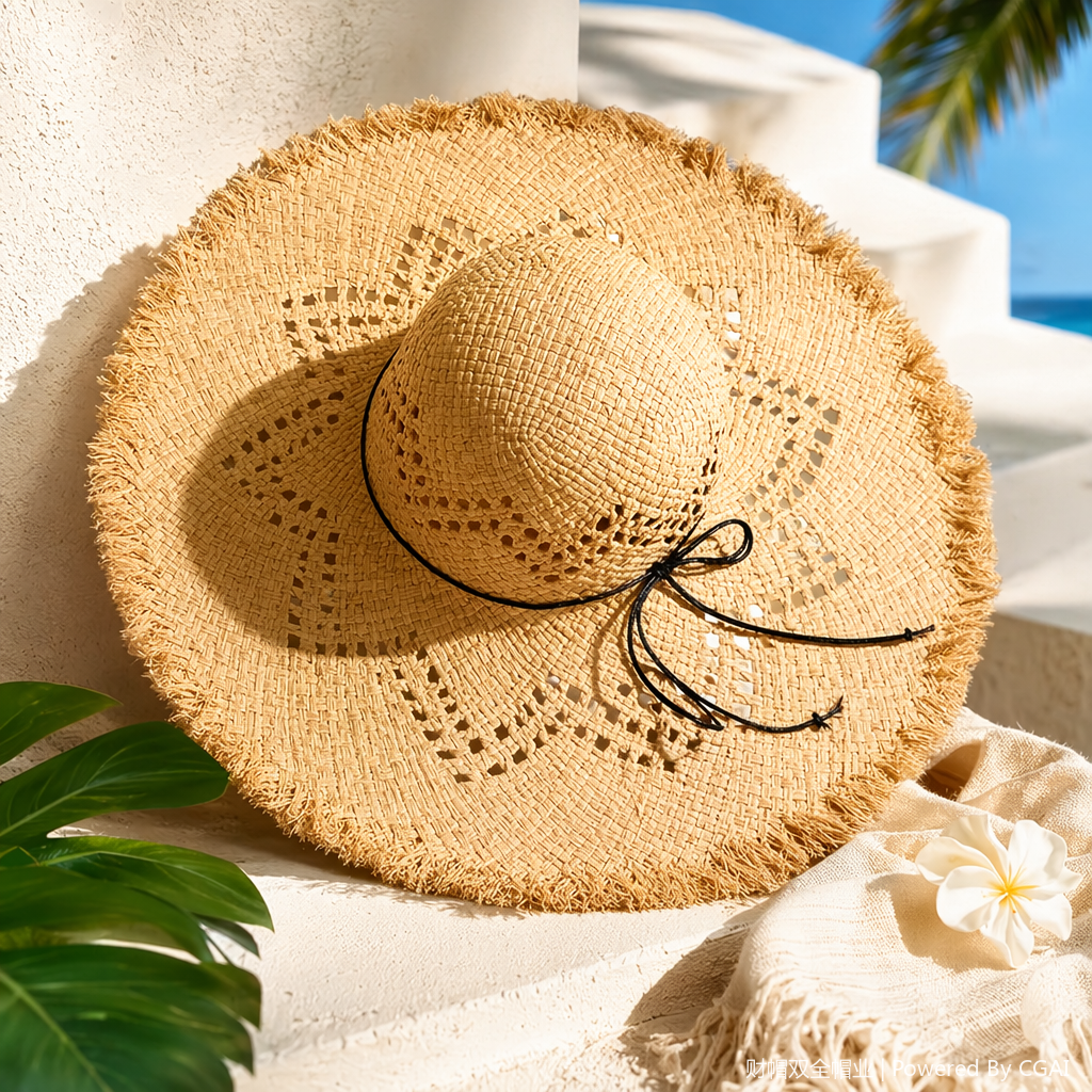 Beige straw woven wide-brimmed shawl hat, one-piece sunshade and sun protection hat, cross-border sports hat for the elderly Specification image