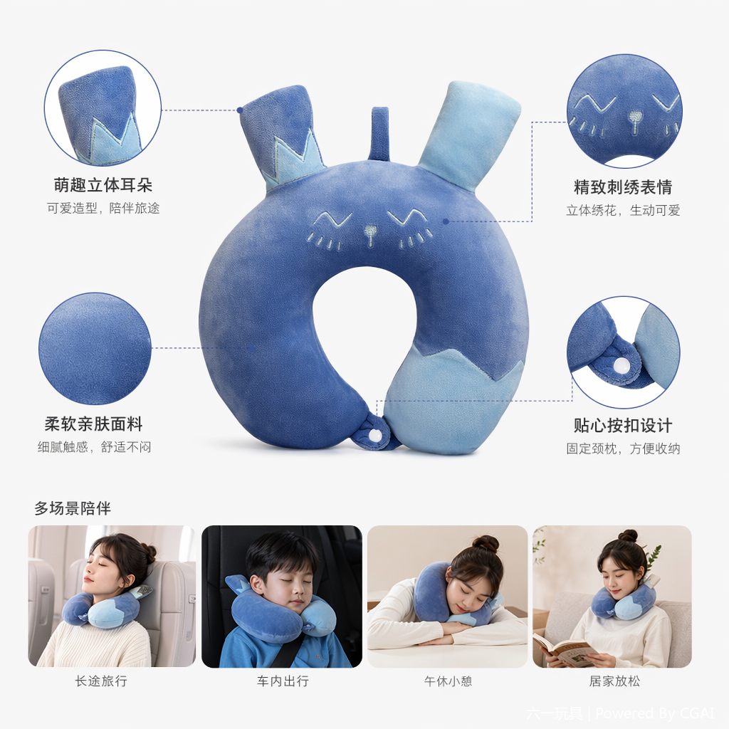 Long-eared Rabbit, high-speed rail, airplane, office, lunch break neck pillow, source factory wholesale U-shaped pillow, comfortable cartoon children's pillow, ins blue rabbit-shaped U-shaped pillow, neck pillow, memory foam portable travel pillow Specification image