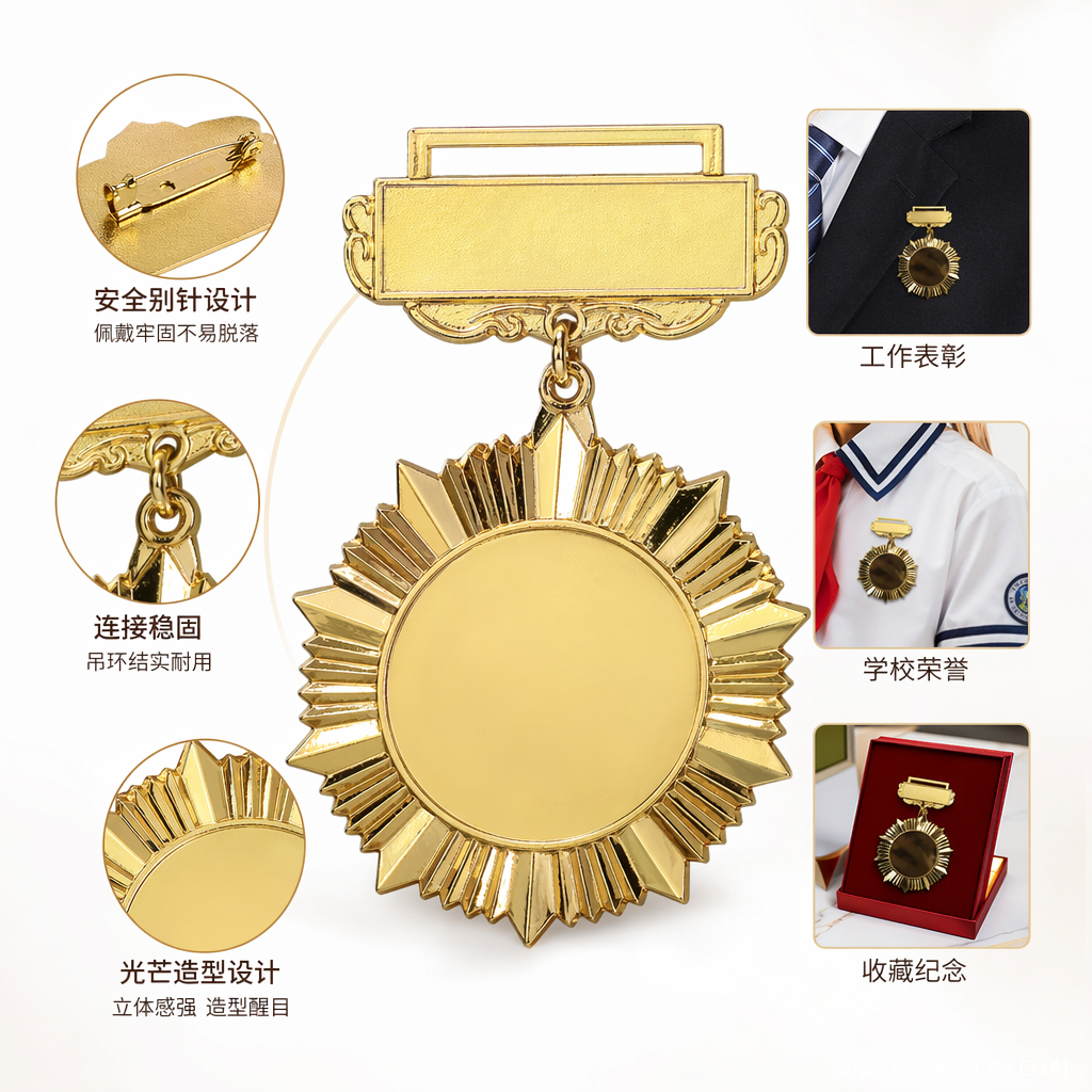 金色太阳光芒边缘发光桌面铭牌奖牌带空白铭牌