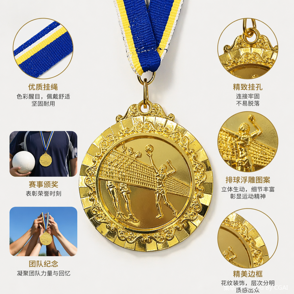金色排球运动发光奖牌桌面木牌铭牌奖杯奖牌