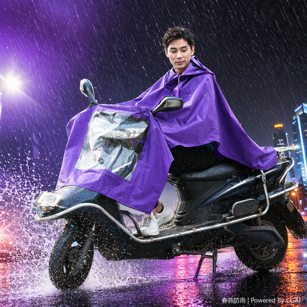 The purple one-piece raincoat is specially designed for electric bikes and is suitable for people riding electric bikes Specification image