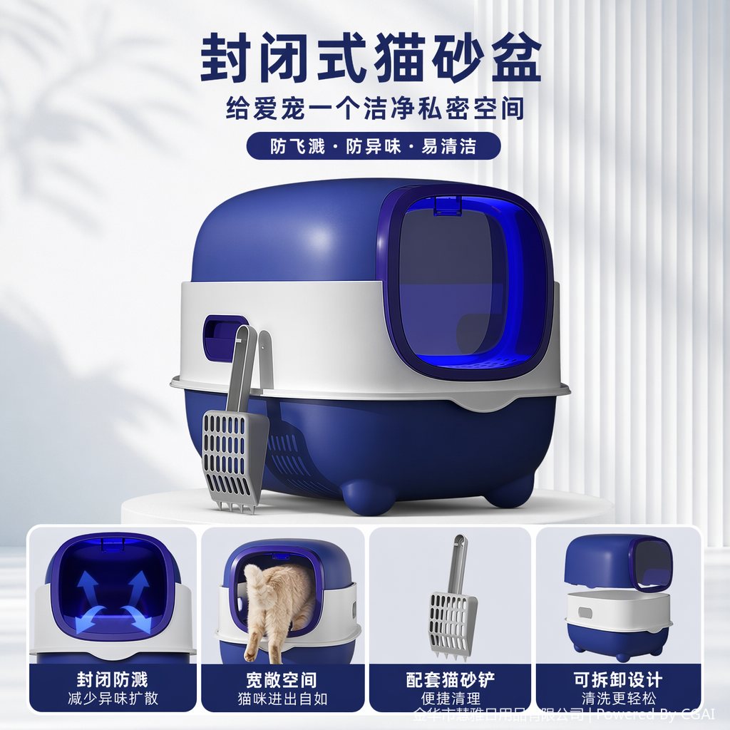 深蓝色不锈钢猫砂盆带白色围栏蓝色门框配灰色铲