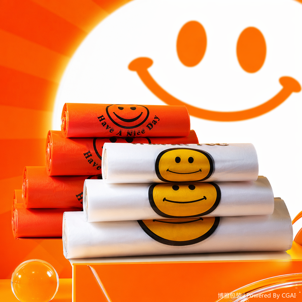 Yellow smiley face patterned degradable plastic packaging material vest bag for supermarket Specification image