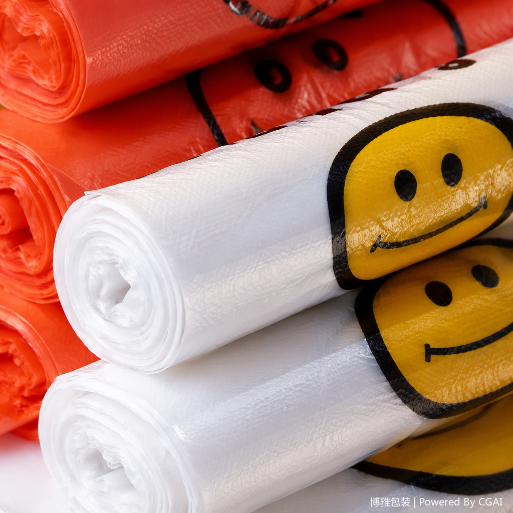 Yellow smiley face patterned degradable plastic packaging material vest bag for supermarket Application Scenario