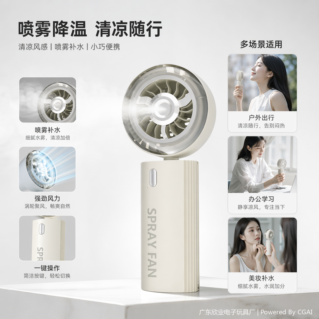 迷你电风扇三色折叠喷雾高速手持小风扇图