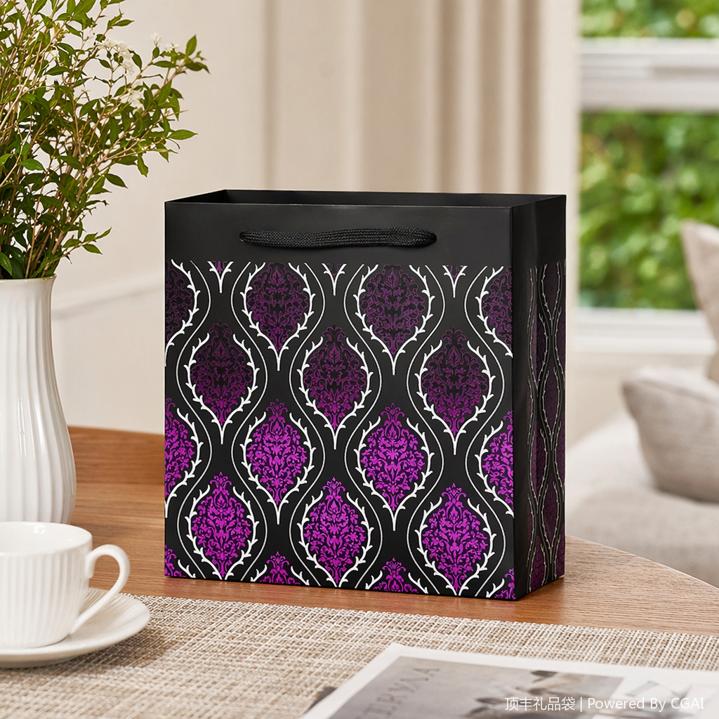Purple patterned gift bags, souvenir packaging boxes, running lights, festival gift wrapping paper, hand-held takeout bags details Picture