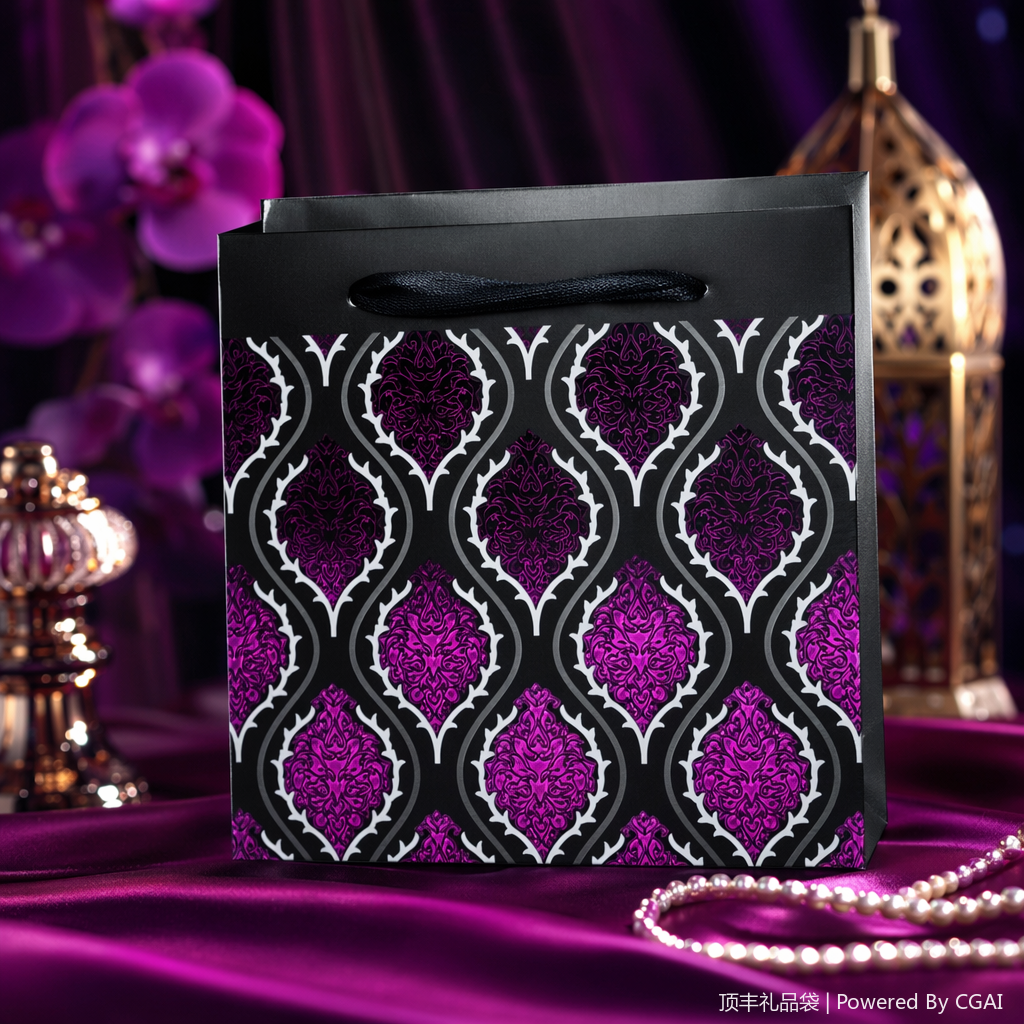 Purple patterned gift bags, souvenir packaging boxes, running lights, festival gift wrapping paper, hand-held takeout bags Specification image