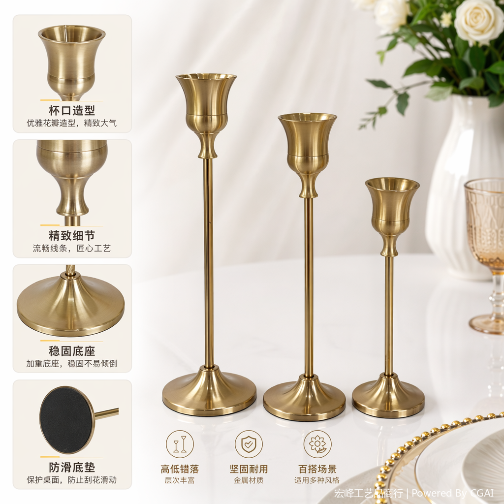 金色欧式瓷器烛台三件套香氛蜡烛器皿