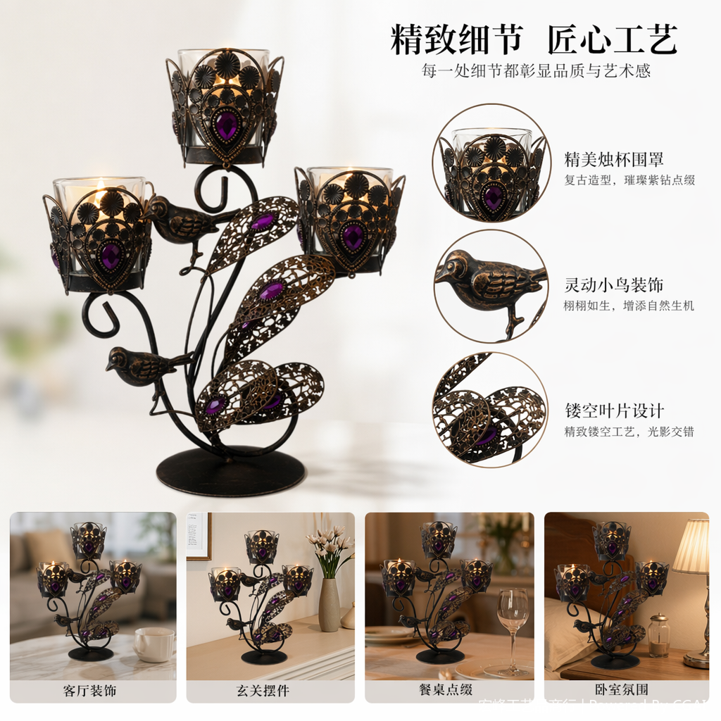 黑色铁艺花枝烛台带紫色宝石小鸟造型工艺装饰灯宿舍摆摊桌用