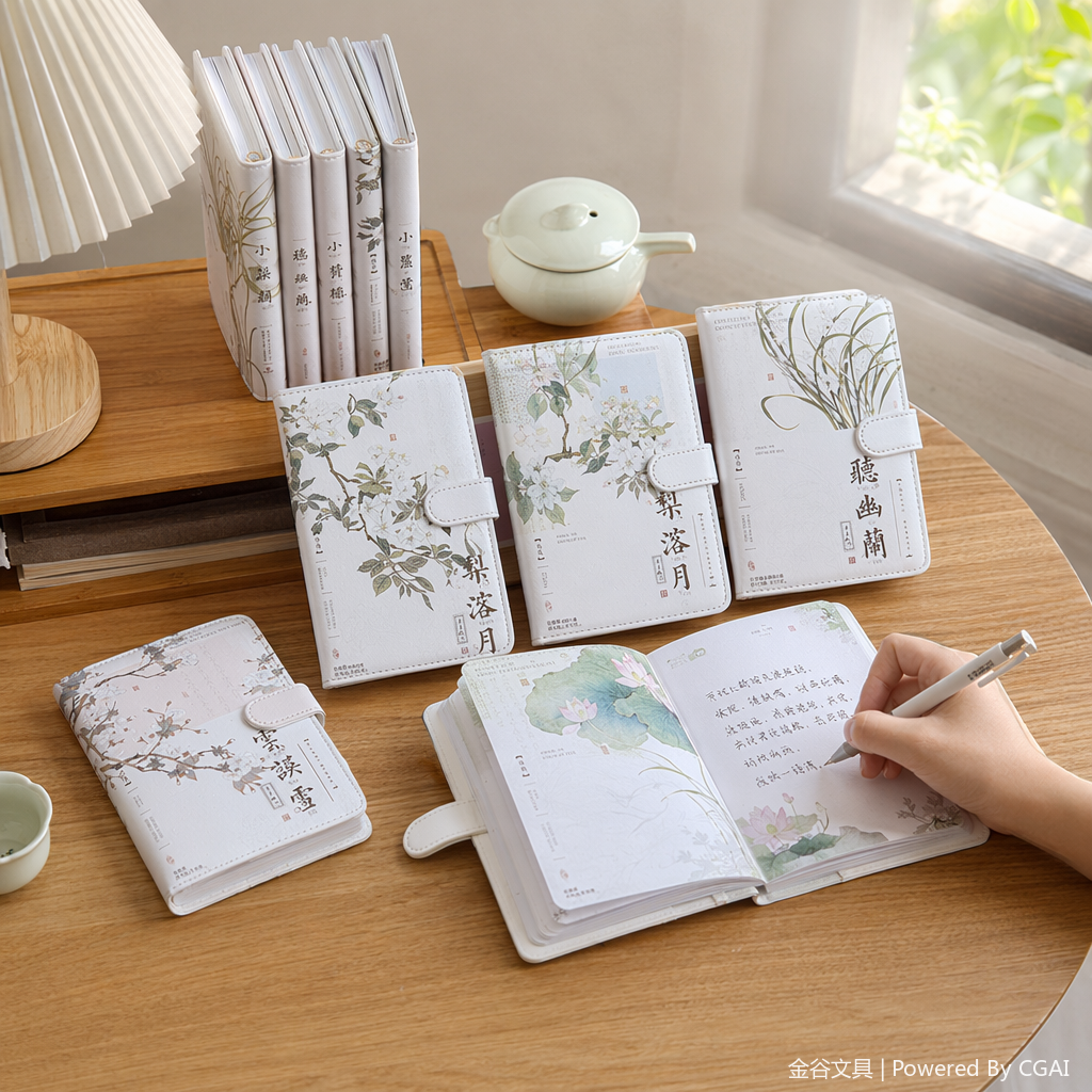Jingu Stationery's Chinese Style series features a magnetic buckle leather cover with a white ink-wash flower cover and color inner pages, measuring 12.4×16.8cm and having 112 pages details Picture