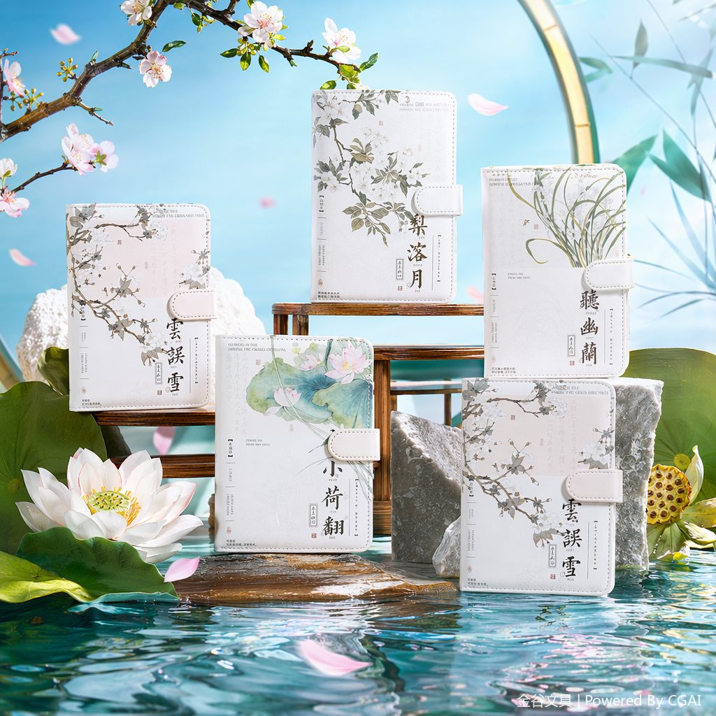 Jingu Stationery's Chinese Style series features a magnetic buckle leather cover with a white ink-wash flower cover and color inner pages, measuring 12.4×16.8cm and having 112 pages Specification image