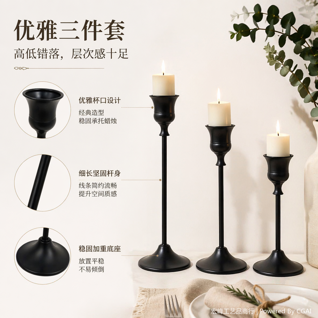 黑色欧式瓷器烛台三件套 香氛蜡烛杯 蜡烛器皿