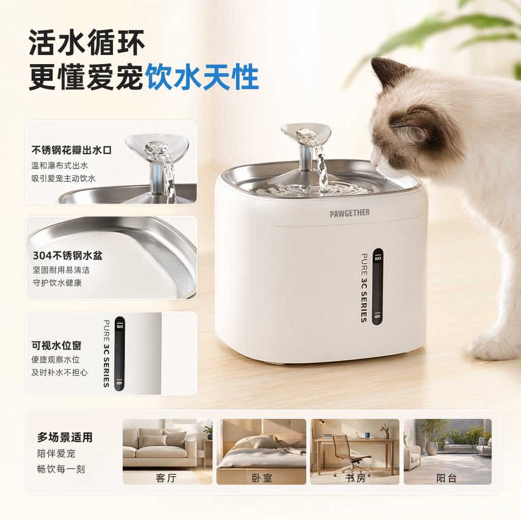 白色宠物智能饮水机无线水泵防干烧喝水器循环流动饮水器宠物自动饮水器静音节水宠物用品