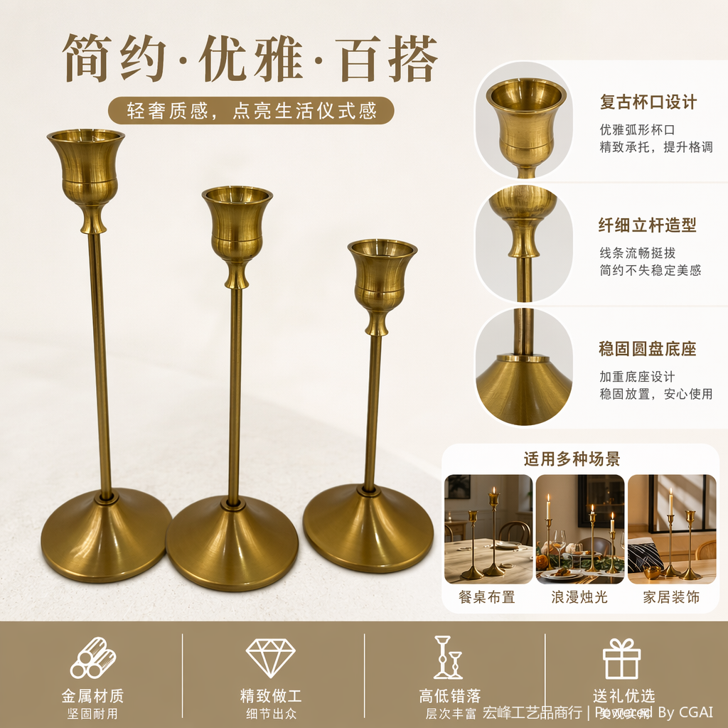 金色陶瓷烛台三件套 家居香氛蜡烛器皿 欧式客厅装饰